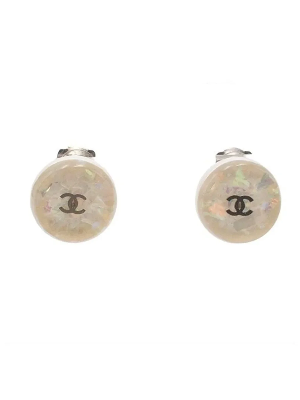 Chanel Round White Plastic CC Logo Costume Earrings